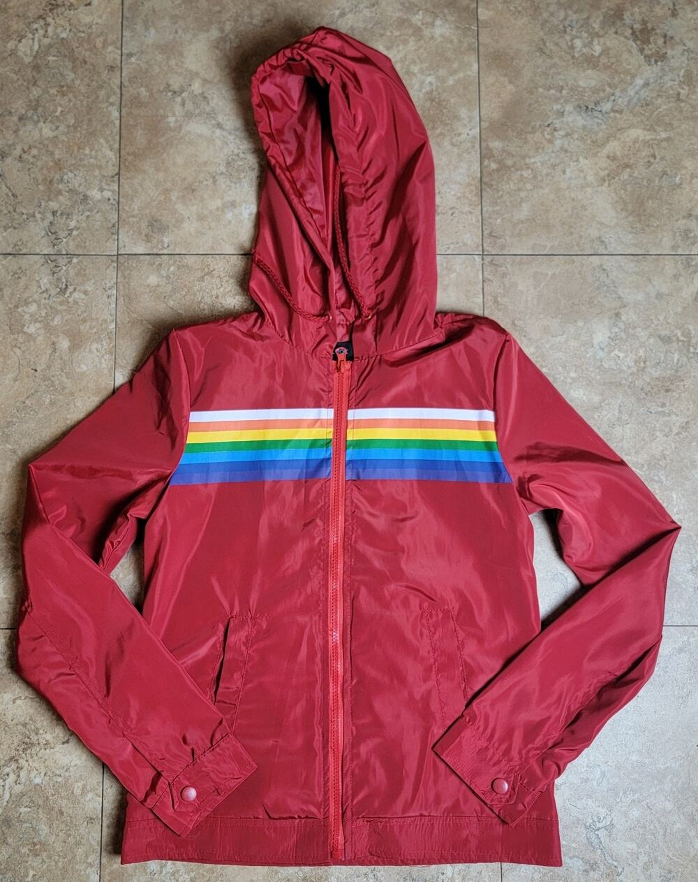 Unisex Retro Jacket S Red Drawstring Hoodie Windbreaker Colorful Stripe Street
